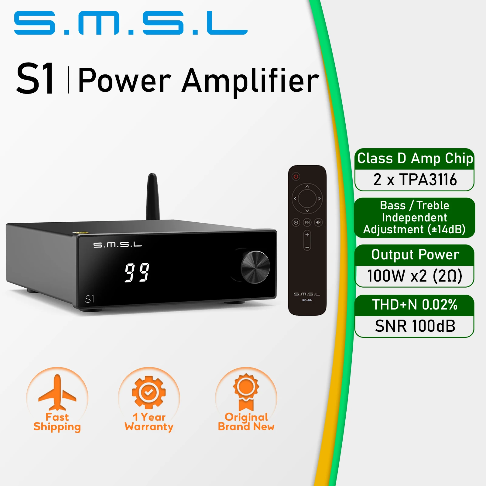 SMSL S1 전력 증폭기 2xTPA3116 칩 전자 볼륨 제어 RCA 라인 입력 100W/2Ω 출력 전력(리모컨 포함)