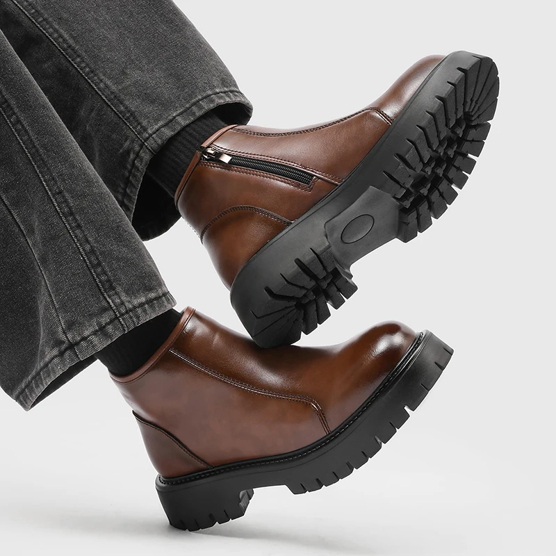 Men Side Zipper Ankle Boots High Top Retro Smooth Upper Thick Sole Autumn Winter Daily Business Commuting Men Short Boots