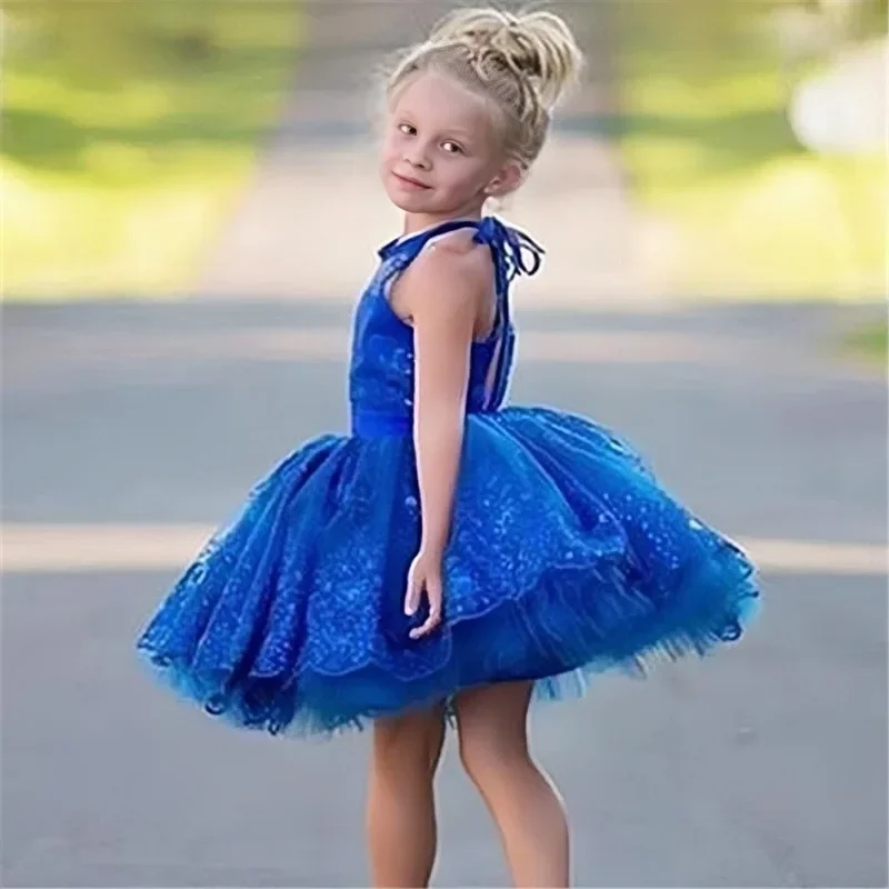 Robe à Fleurs Bleu Royal pour Fille, Tenue de Mariage, Boule Courte, Dos auxen Dentelle, Trou de Serrure, Froncée, Bal de Promo pour Enfants, Indépendance