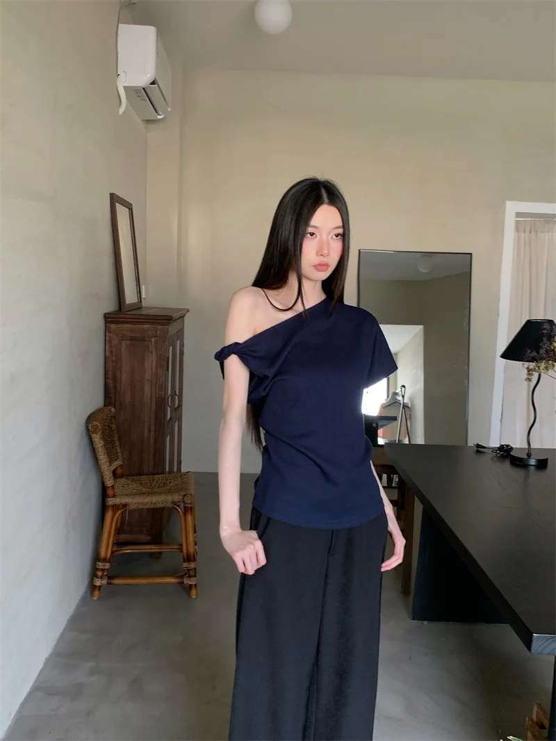 CHEERART Royal Blue Off Shoulder Summer Tops For Woman Short Sleeve T Shirt Designer Tees Asymmetrical Top 2025 Clothing