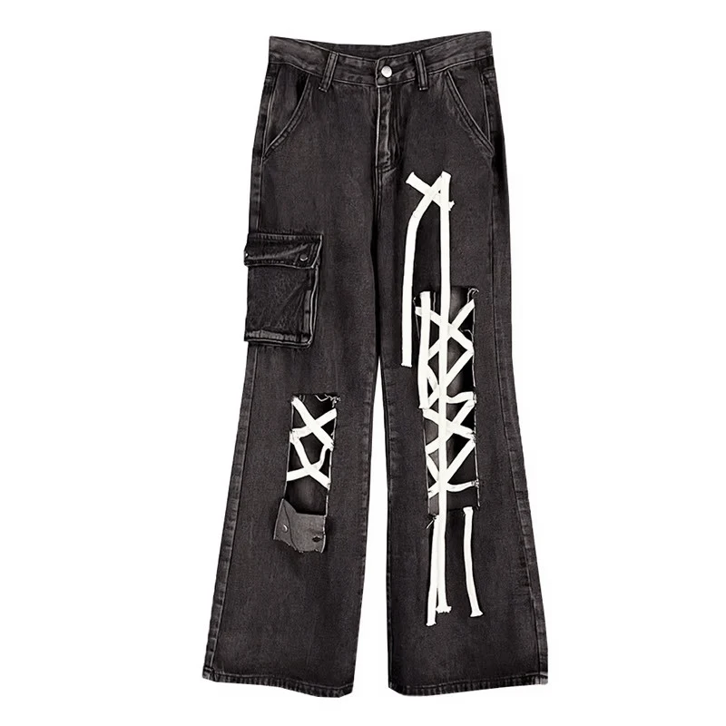 REDDACHiC Punkowe Czarne Jeansy Cargo Damskie z Ćwiekami, Sznurowane, z Dziurami, Kieszeniami, Wysokim Stanem, Szerokimi Nogawkami, Retro Harajuku Streetwear — zdjęcie 2
