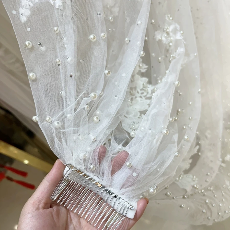 جديد وصول العاج 3 متر العروس طرحة زفاف الدانتيل مطرز اللؤلؤ اكسسوارات الزفاف velos دي novia حجاب الزفاف