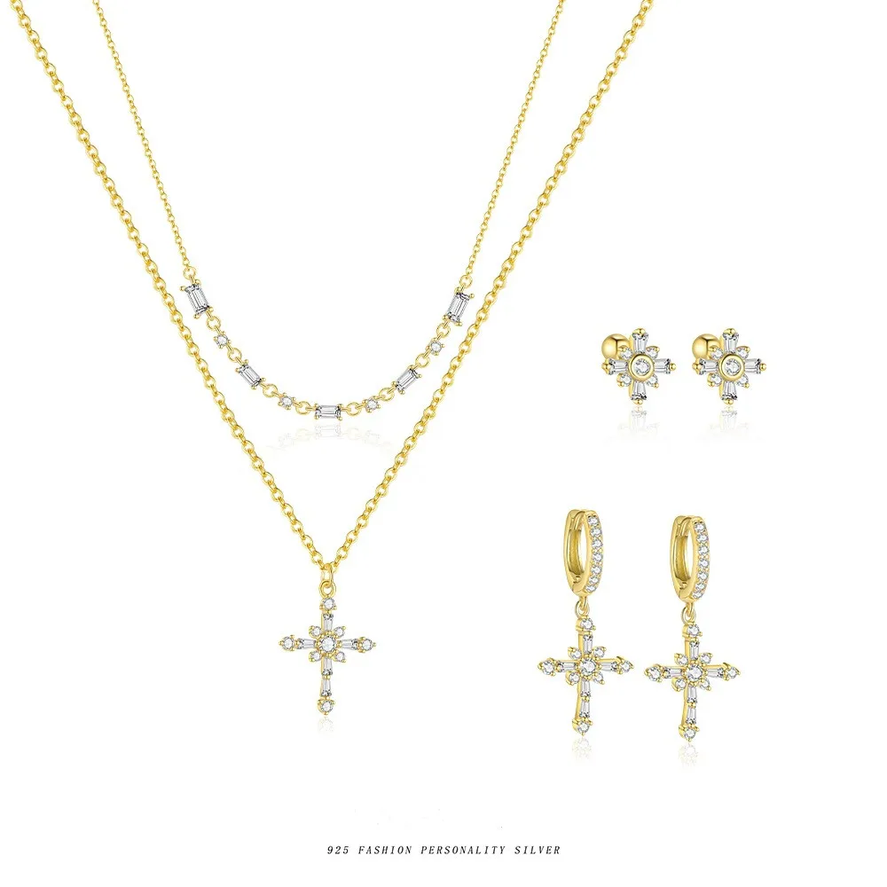 

Ювелирные изделия из стерлингового серебра 925 пробы с микроинкрустацией цирконом, персонализированный комплект ожерелья с крестом для женщин, модные серьги нишевого дизайна