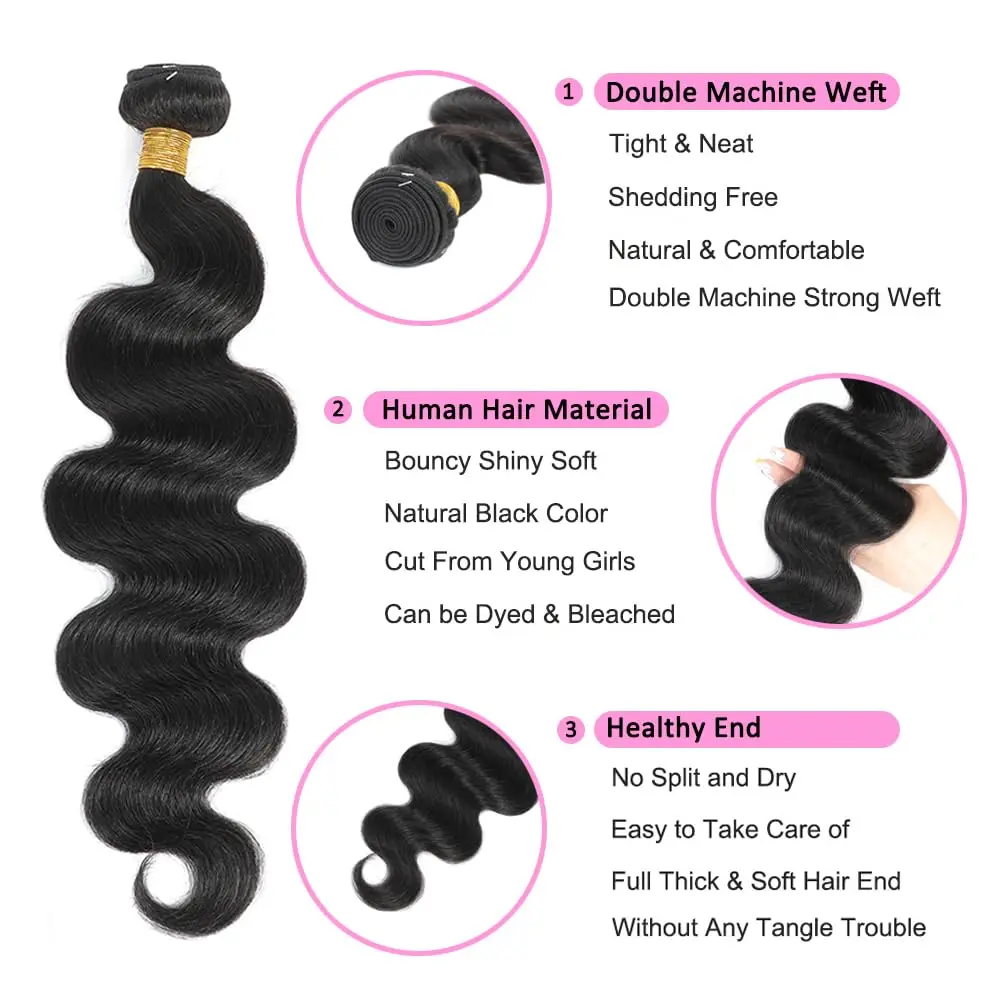 Human Hair Bundles 14 16 18 Inch Body Wave Bundles Human Hair 12A 100% Unprocessed Brazilian Virgin Human Hair 3 Bundles Human