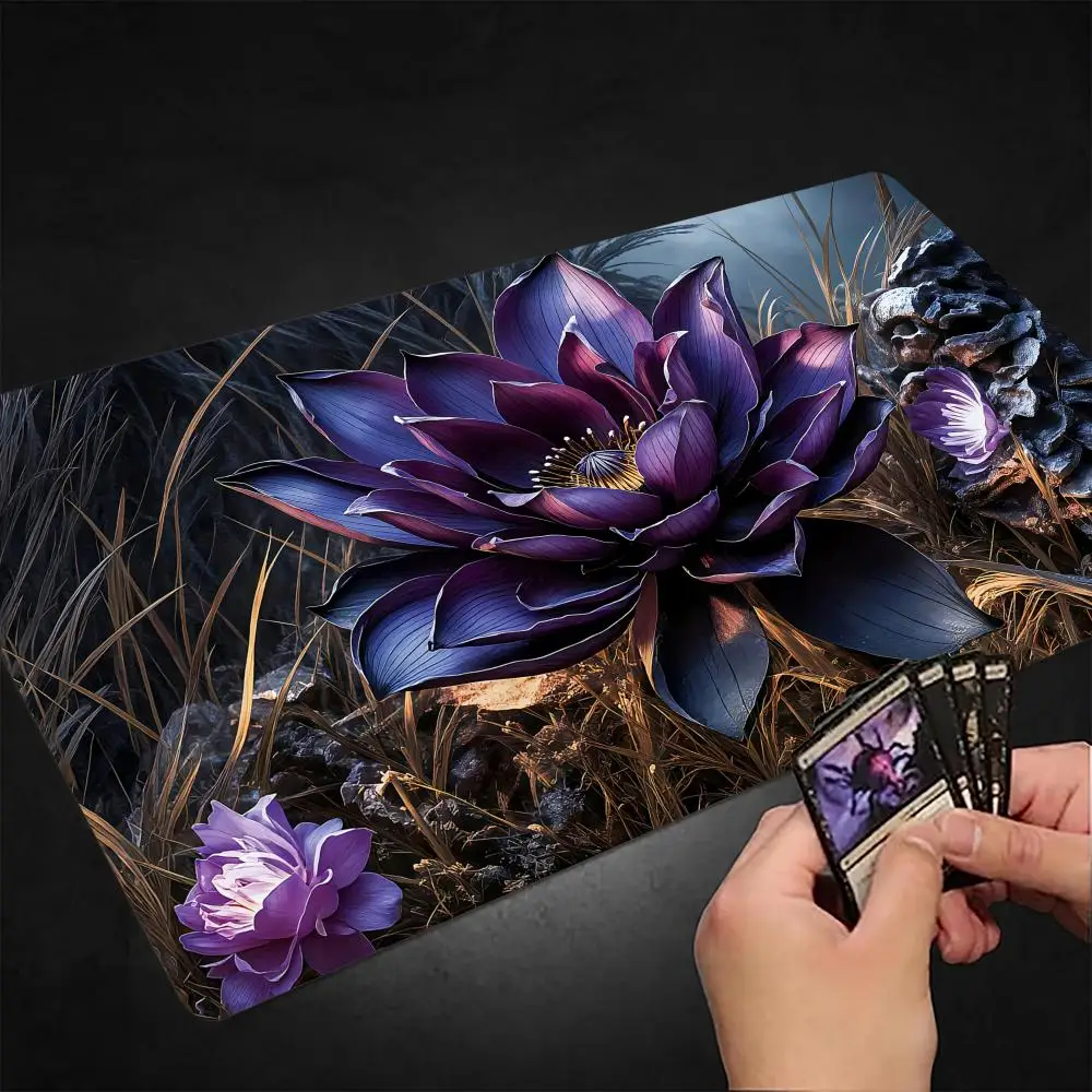 Digital Art Purple Lotus TCG Playmat Magic Card Mat with Stitched Edge Non-Slip Durable Tabletop Playmat Board Game Mat for TCG