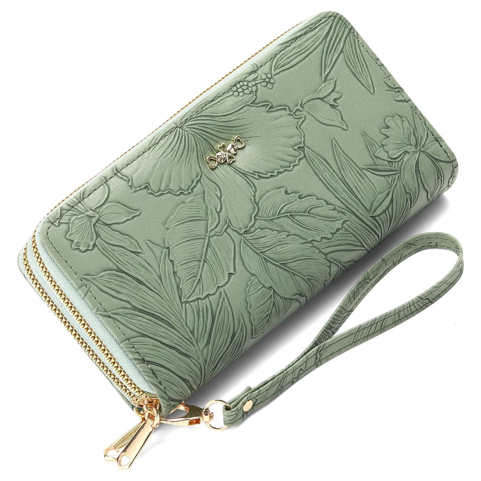 Western RFID Blocking Flower Embossed PU Leather Zipper Design Long Women Wallet Large Capacity Coin Purse for Ladies