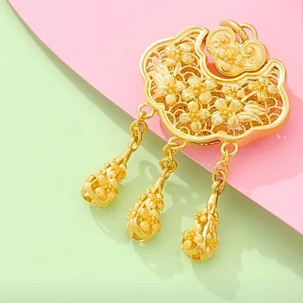 New ancient AU999 gold longevity lock osmanthus Ruyi lock tassel pendant peace lock 24k pure gold necklace pendant female