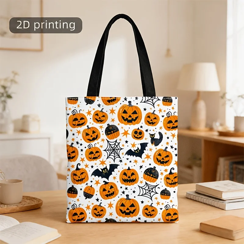 Halloween Pumpkin Canvas Tote Bag Cartoon Jack‑o‑lantern Bat Black Cat Spider Web Print Reusable Large Shoulder Shopping Handbag