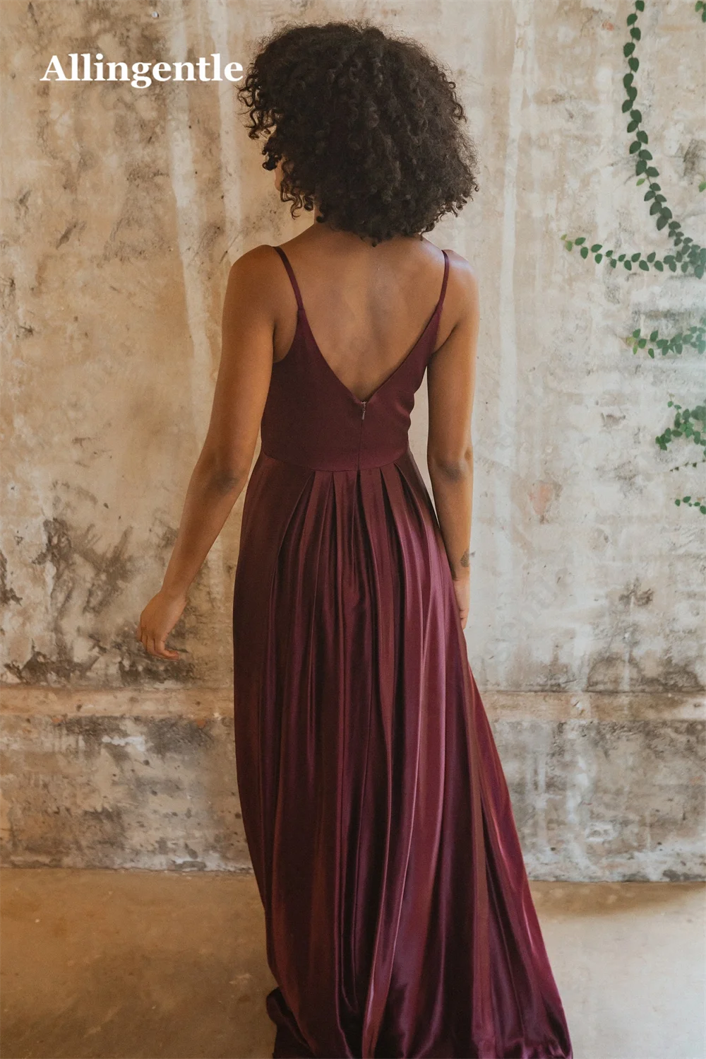 Allingentle Burgundy Evening Dresses For Women 2024 Spaghetti-straps V-Neck Sleeveless Floor Length Bridesmaid Party Prom Gowns