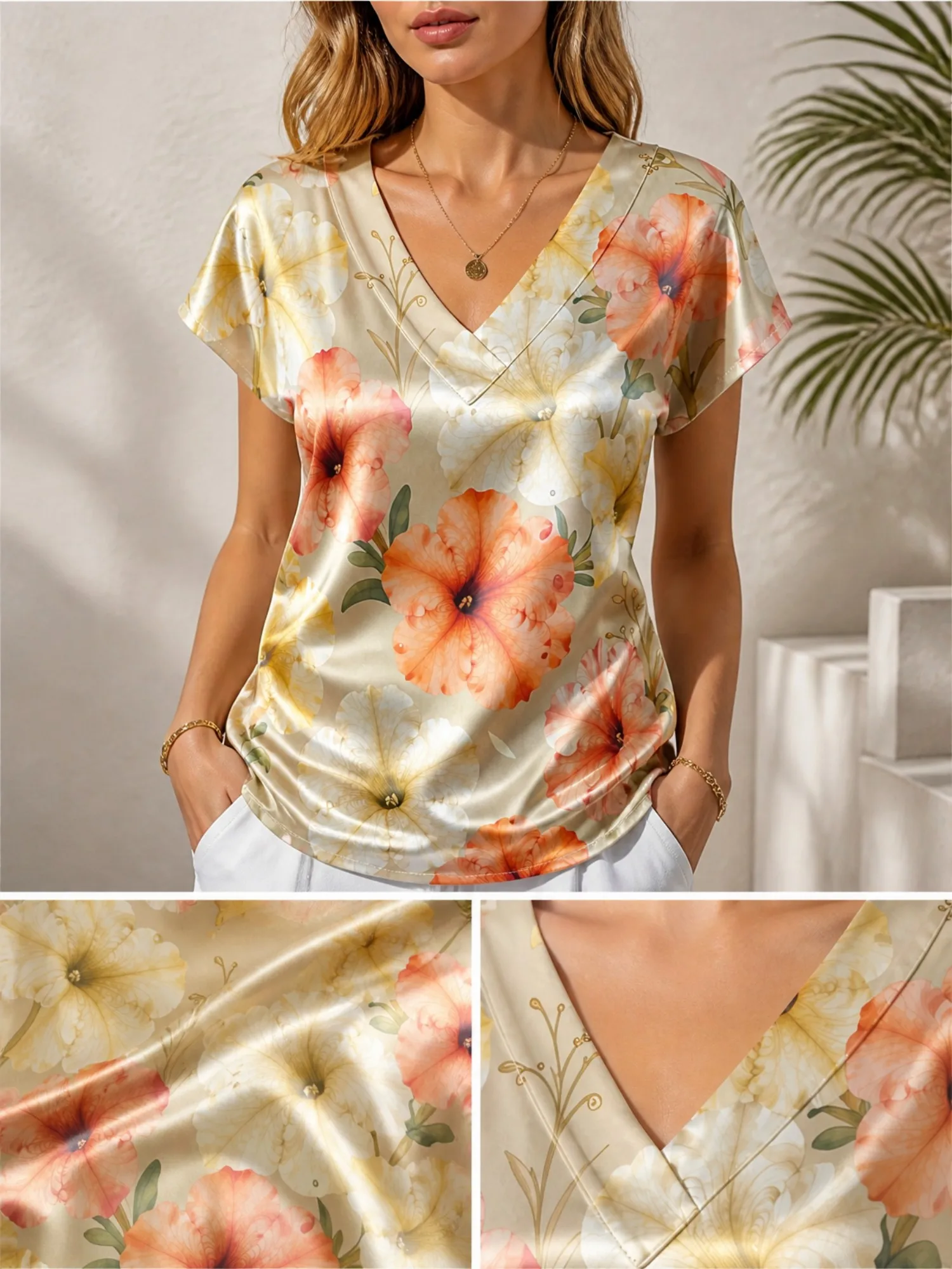 Floral Satin V Neck Top for Women Cap Sleeve Easy Draped Fit Silky Casual Brunch Weekend Wear Lightweight Breathable Simple Glam