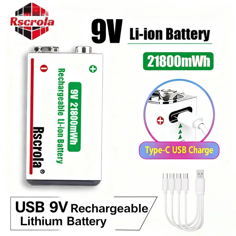 

9V Lithium ion Rechargeable Battery 21800mWh High Capacity Long-Lasting for Guitar Microphone Smoke Detector Pedal with Cable