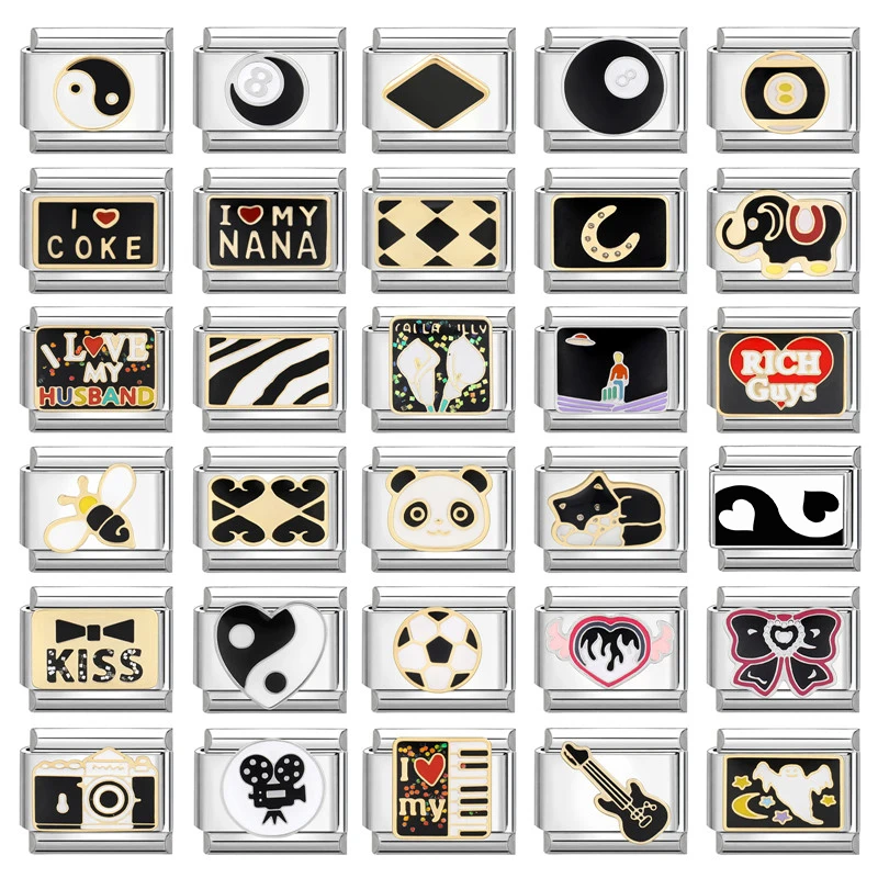 Nova moda preto coração gato lua piano câmera italiano charme links caber 9mm pulseira de aço inoxidável fazendo jóias diy atacado