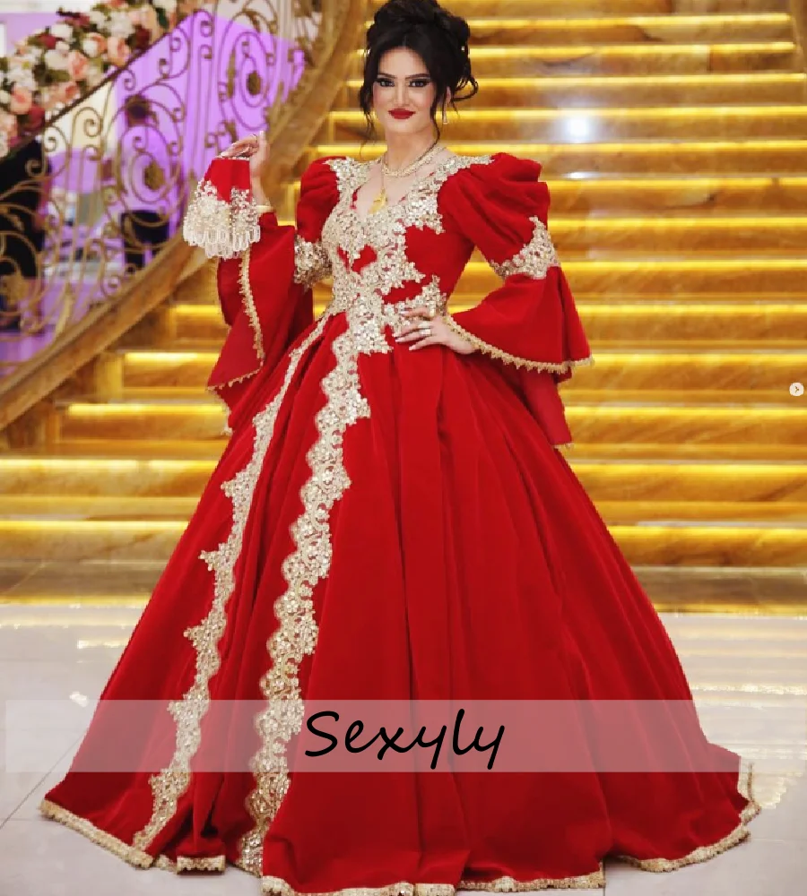 

Middle Eastern Arabian Evening Dress With Gold Lace Flare Long Sleeve Abaya Prom Dress 2025 Caftan Moroccan Party GownCustomized