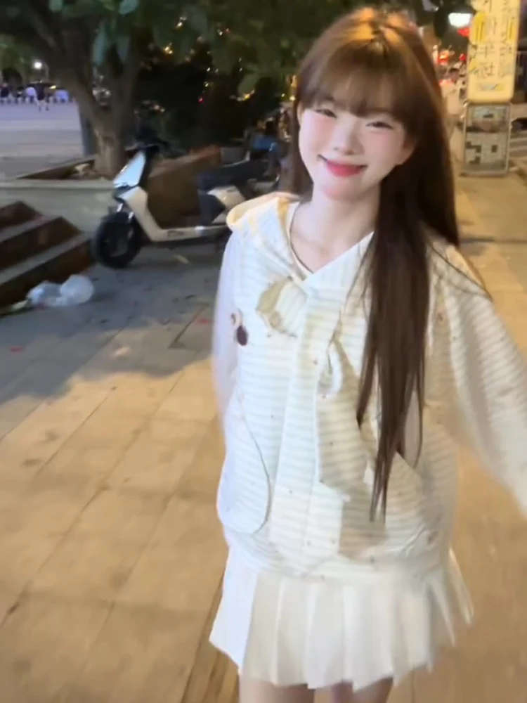 سترة نسائية كورية حلوة بنمط مخطط على شكل كلب، فضفاضة للربيع والخريف، بأكمام طويلة، جاكيت نسائي فضفاض بقلنسوة