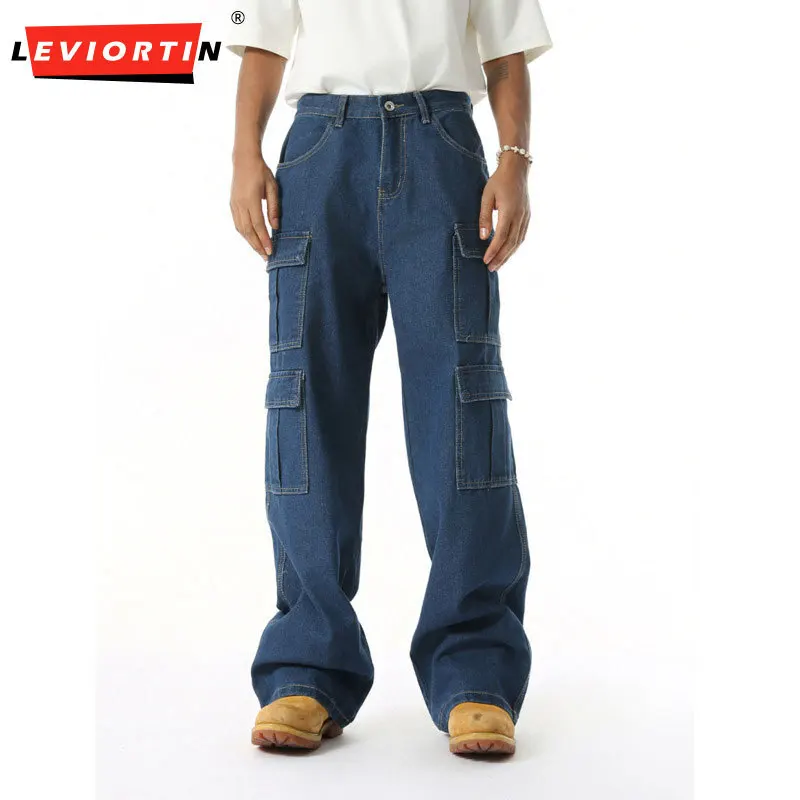2025 Four Seasons Men's New American Street Retro Multi Pocket Fashion Versatile Loose Wide Leg workwear Cowboy Casual Pants