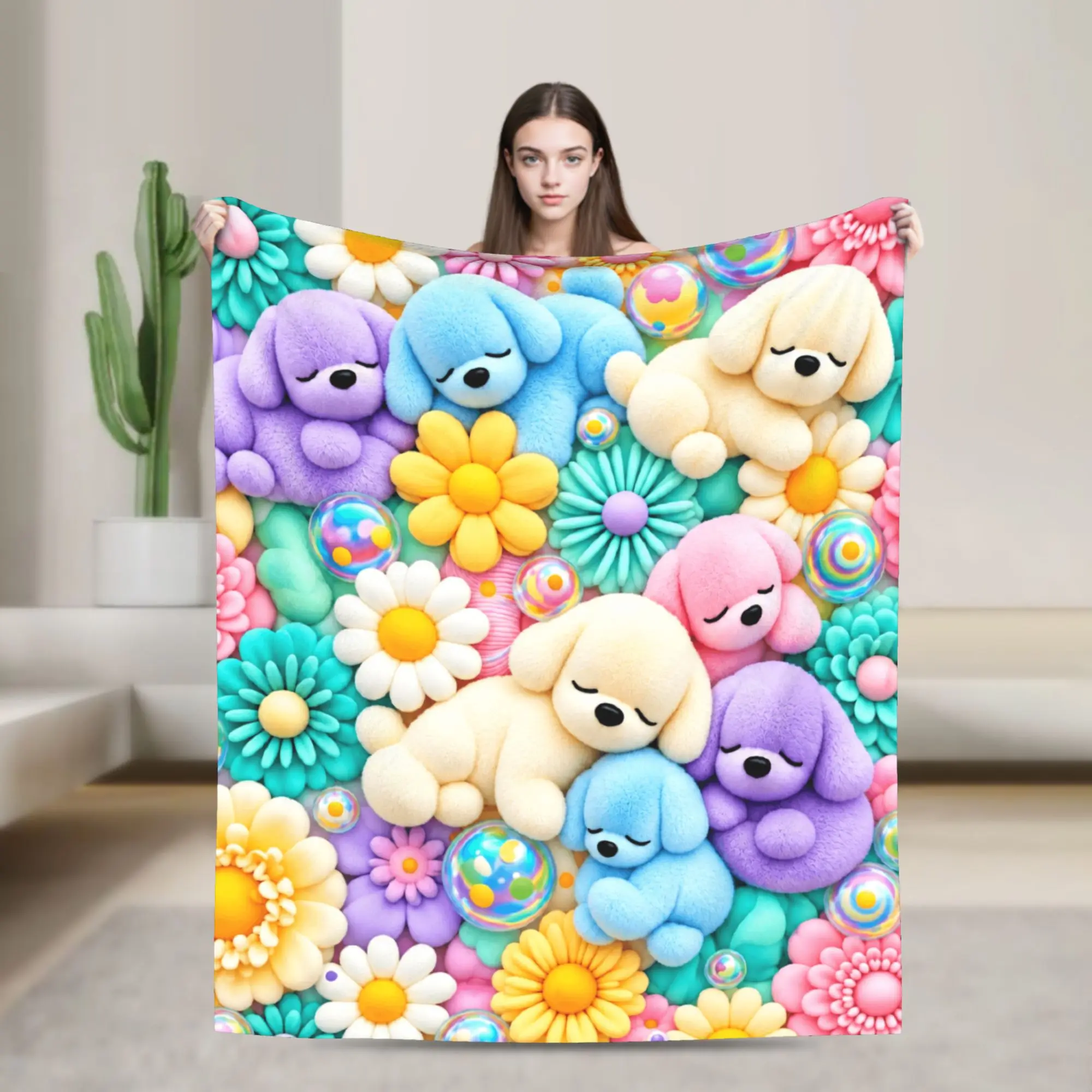 3D Sleeping Plush Puppy Bubble Flower Blanket Adults Girls  Flannel Bedding Throws For Outdoor Warm Soft Quality Bedspread Gift