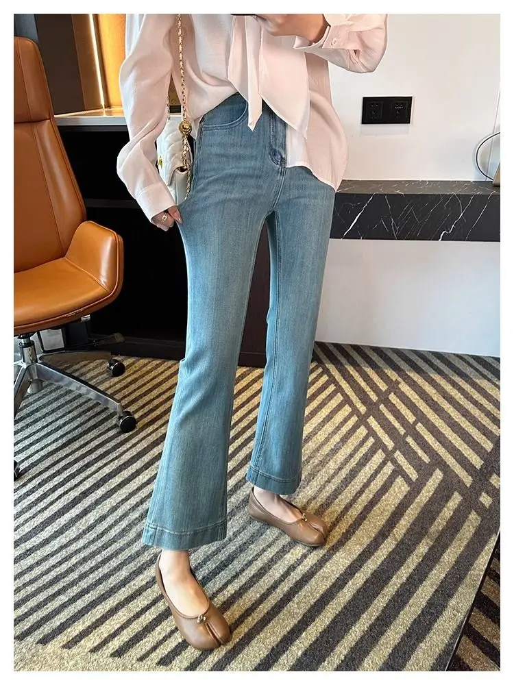 

Y2K Джинсы с высокой талией, женские микро-клеш, джинсовый эластичный пояс, 9-дюймовые расклешенные брюки, осенние облегающие брюки в стиле ретро