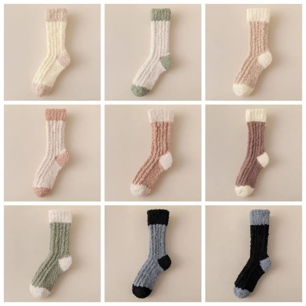 3Pairs Kawaii Thickened Coral Fleece Socks Sleeping Winter Floor Plush Socks Hosiery Simple Mid Tube Socks Women Autumn