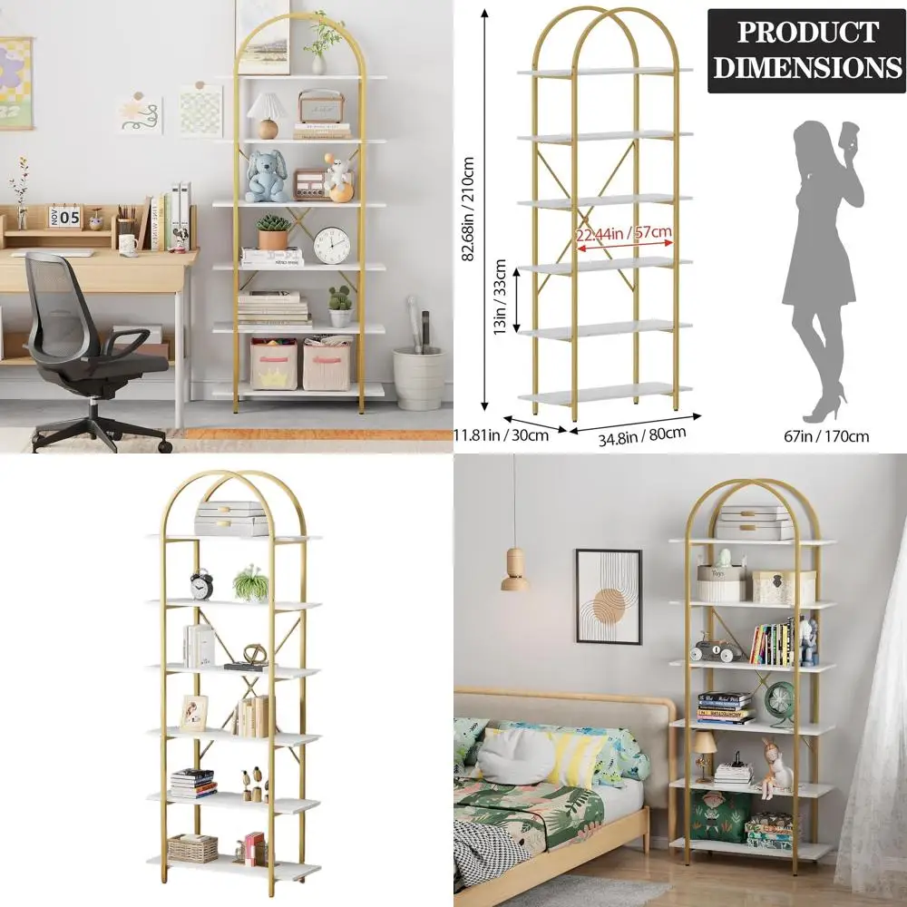 

Modern Gold Metal Framed 83 Tall Arched Bookshelf - 6-Tier Display Stand for Living Room, Home Office, Bedroom