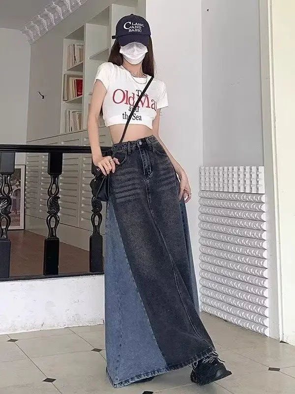 American Retro Denim Halter Skirt Women's Long Skirt Summer Mid-Length Design Sensation  High Waist Slim A-Line Umbrella...