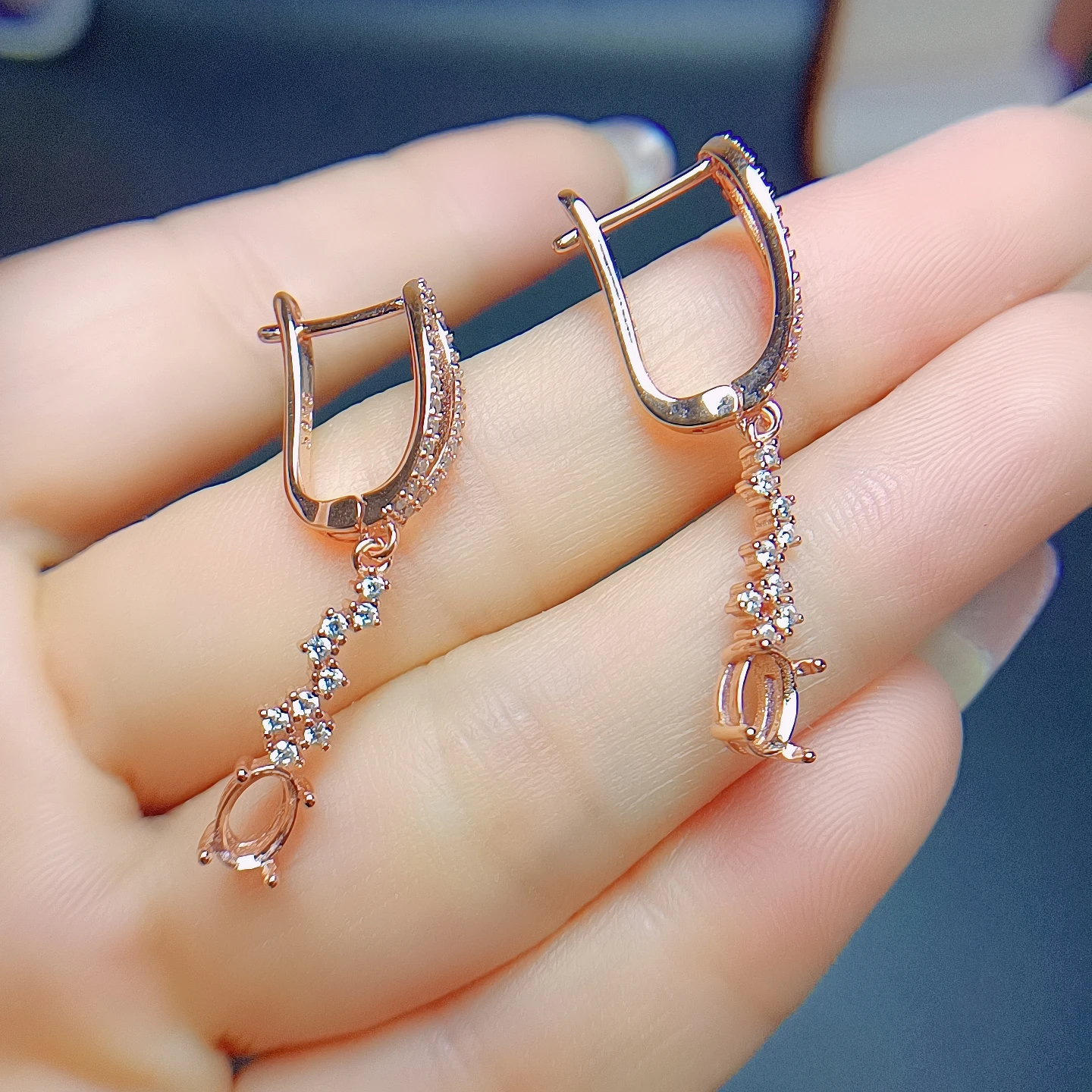 S925 Sterling Silver Inlay 4*6mm Oval Gem Bow Earrings for Women Empty Support DIY Holder Fine Weddings Jewelry Accessory