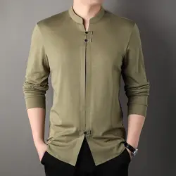 Chemise à col montant à manches longues pour hommes, style chinois, haut de gamme, monochromatique, bouton patchwork, mince, mince, mince, décontracté, mode de printemps, nouveau