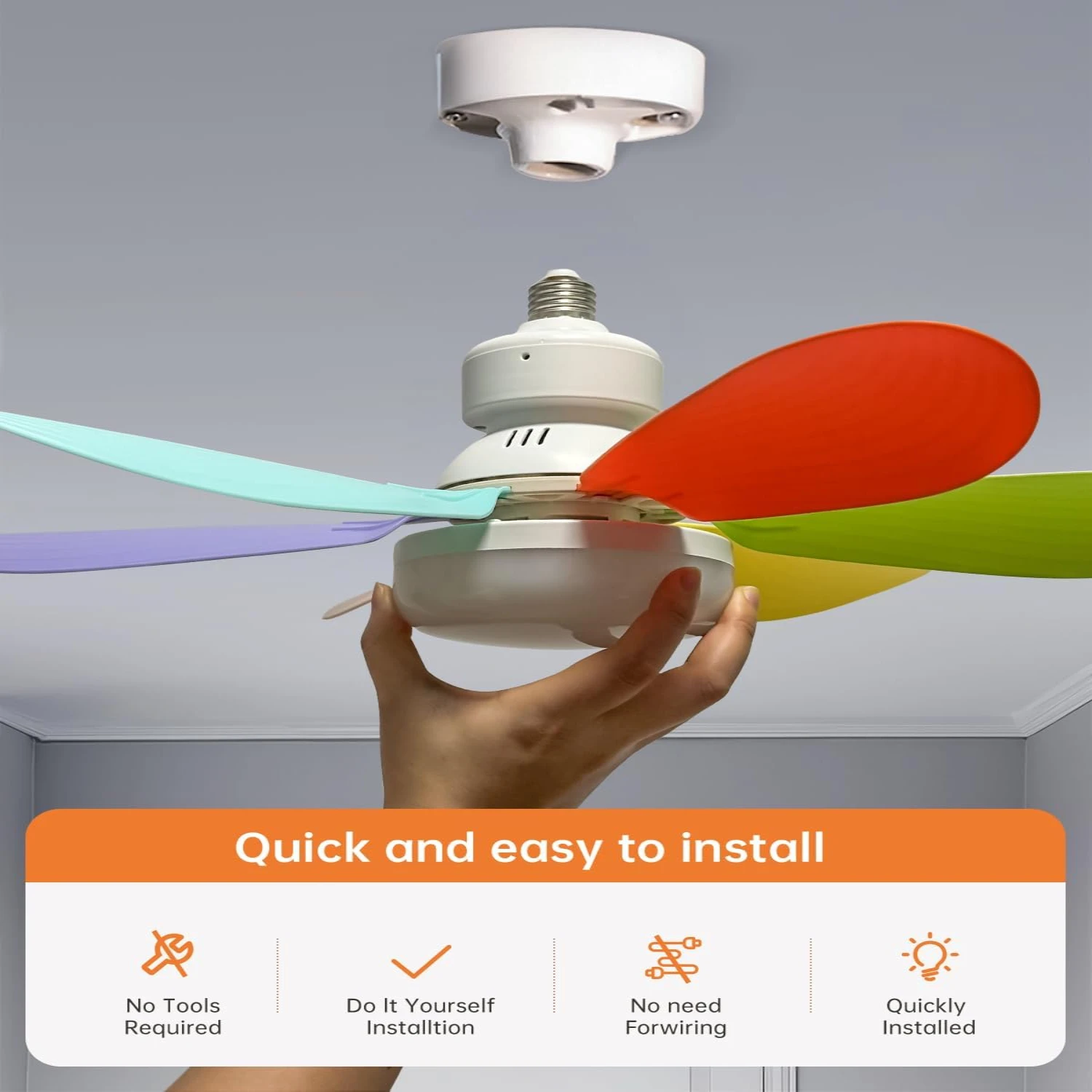 Потолочный вентилятор с дистанционным управлением 20,5 дюйма с розеткой, небольшой светильник с регулируемой яркостью E26, 1800 люмен, 3 цвета 3000K-65