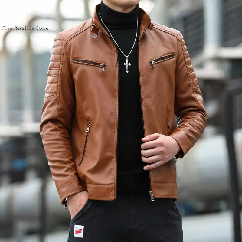 Autumn and Winter Commuting Korean Version Slim Fit Short Standing Collar Leather Jacket Motorcycle Jacket for Men