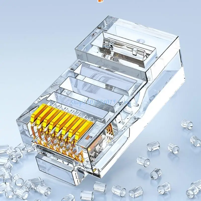 R6FF 100Pcs Cat5 RJ45 Pass Through Connectors Transparent Housing For Solid And Ethernet Cables