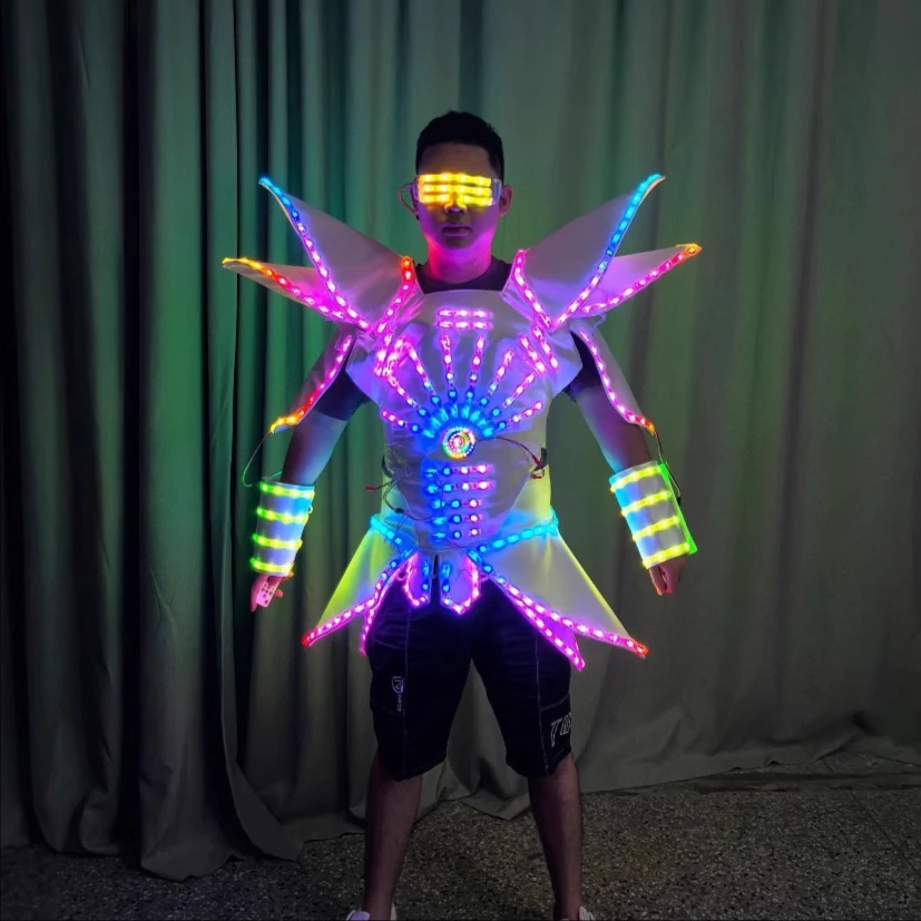 

Светящийся LED-костюм робота для мужчин: футуристический бронированный комбинезон, светящийся наряд для сценических выступлений, ночных клубов, рейвов, фестивалей, Хэллоуина и косплея 2026