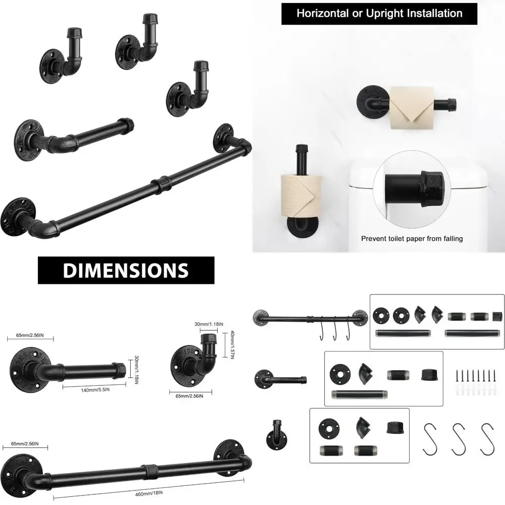 

5-Piece Industrial Style Bathroom Hardware Set: 18 Towel Bar, Toilet Paper Holder, Wall Mount Accessories