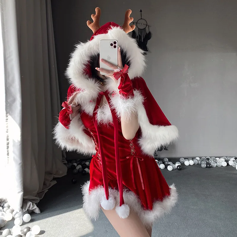 Nowa świąteczna wieczorowa koronkowa czerwona aksamitna sukienka stroje Cosplay kobiety Xmas święty mikołaj jednolity kostium