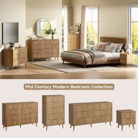 Fluted Bedroom Dresser Nightstand Set 3 Pcs 9-Drawer 1-Drawer Nightstand of 2 Modern Wood Chest Living Entryway Walnut