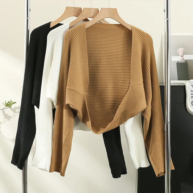 

Y2k Fall Women Knitted Cropped Tops Long Sleeve Cardigan Solid White Open Front Shrug Ribbed Black Blouse French Jacket Sweater