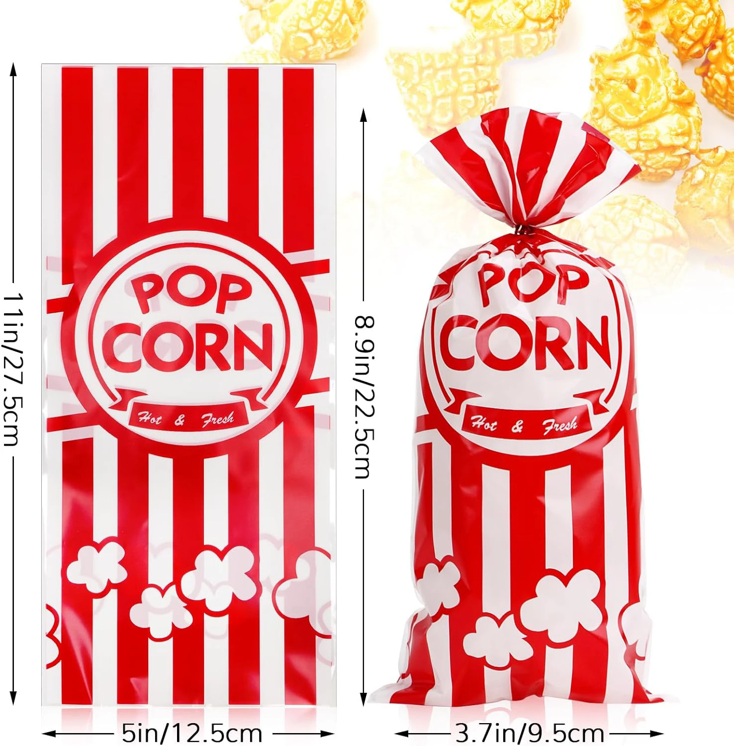 50pcs Plastic Popcorn Bags with Twist Ties Candy Bags Red White Stripe Snack Treat Goodie Bags for Movie Theater Circus Party