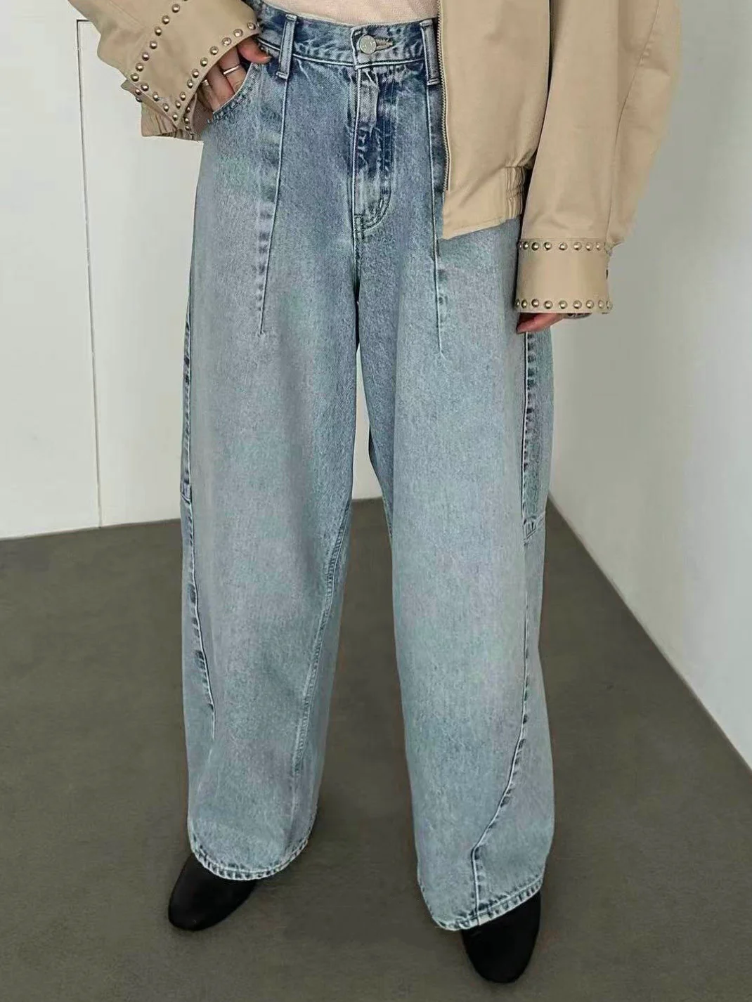 

C1ane Pure Washed Casual Loose 3D Versatile Denim Jeans High Waist Cotton Zipper Pure Color Women's Spring Autumn Winter