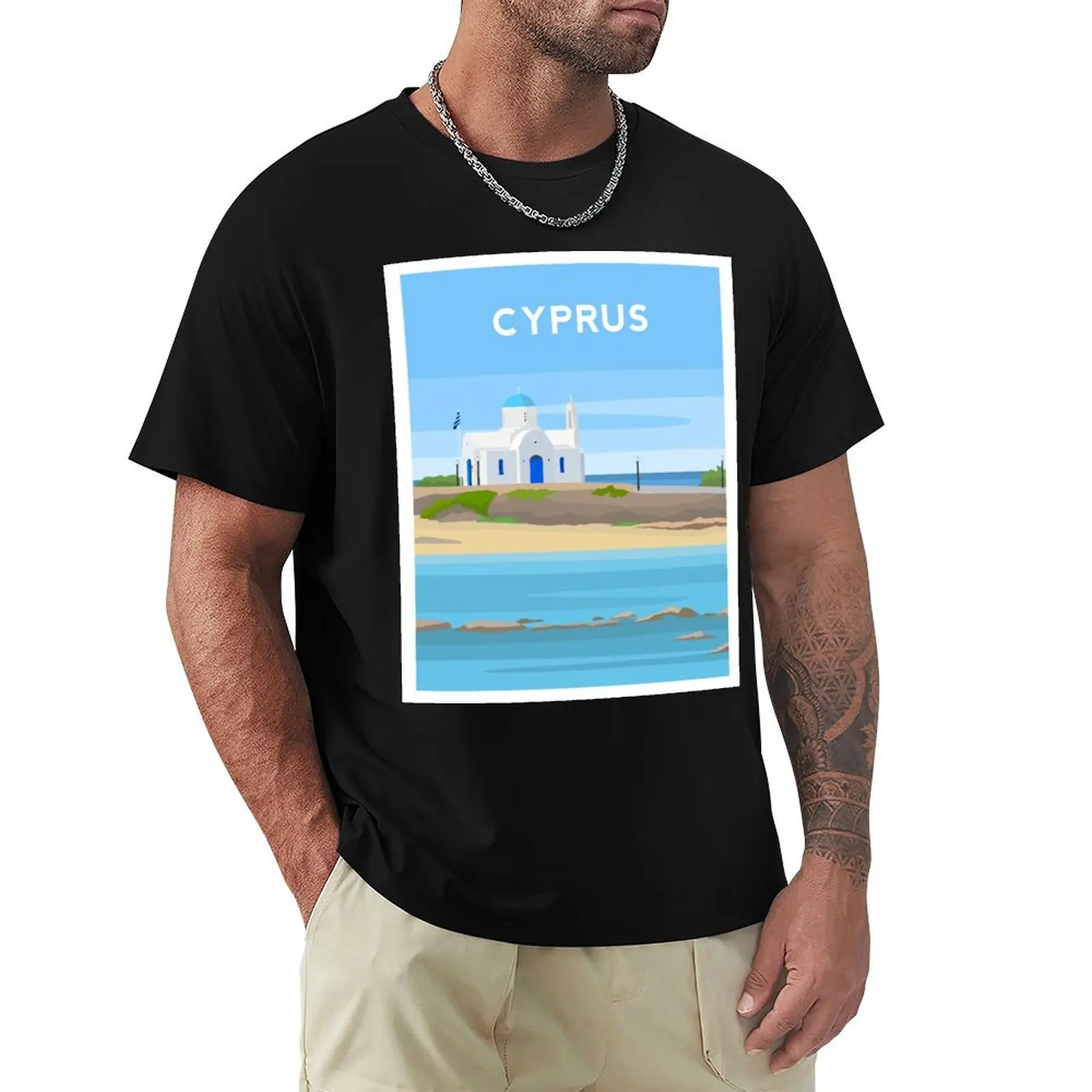 Protaras Beach, Cyprus - St Nicholas Church T-Shirt Basic Short Sleeve Cotton Blend T-Shirt