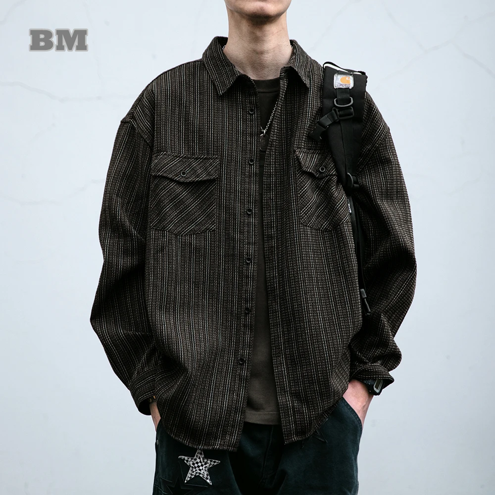

Mens Vintage Striped Shirt High Quality Linen Cotton Blend Lapel Work Shirt Spring Casual Long Sleeve Japanese Style Coat Male