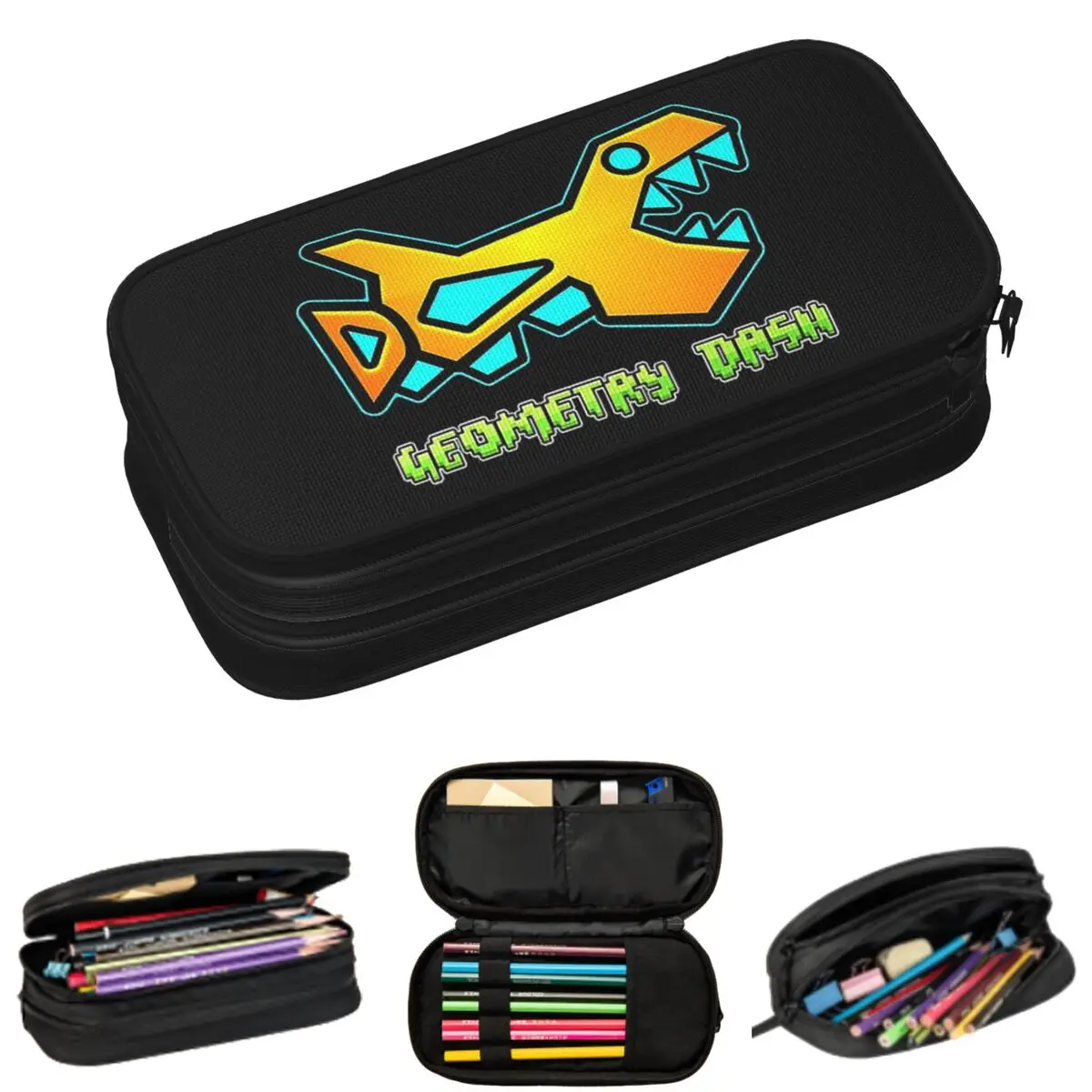 Video Game Geometry Dash Pencil Cases for Student School Pen Box Pencil Bag Large Storage Pencil Pouch