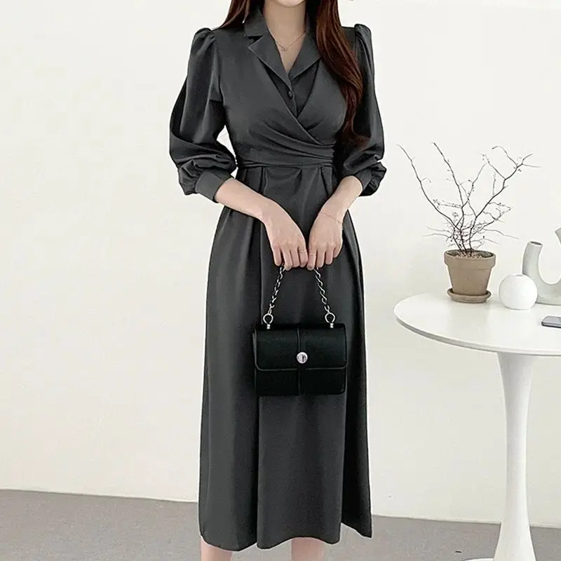 Women Ruffled Bow Lace Up Chic Elegant Party Dresses Korean Fashion Office Lady Business Casual Long Sleeve Midi Dress Vestidos