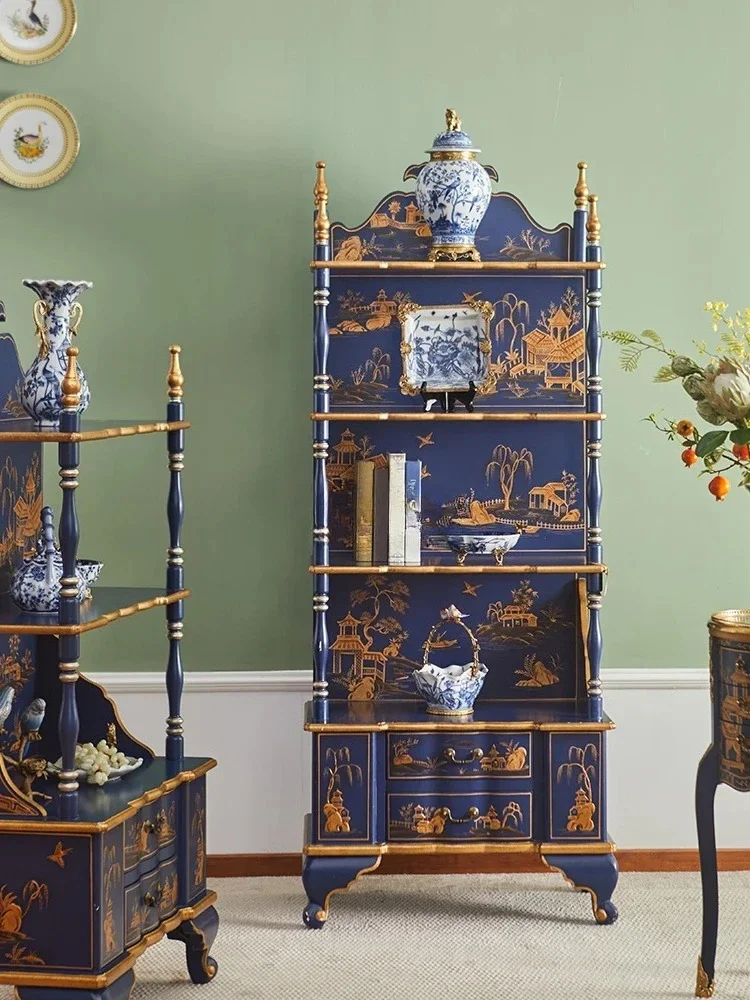 

B Chinese Style Bookshelf Solid Wood Hand Painted Display Cabinet Vintage Storage Layer Display Shelf