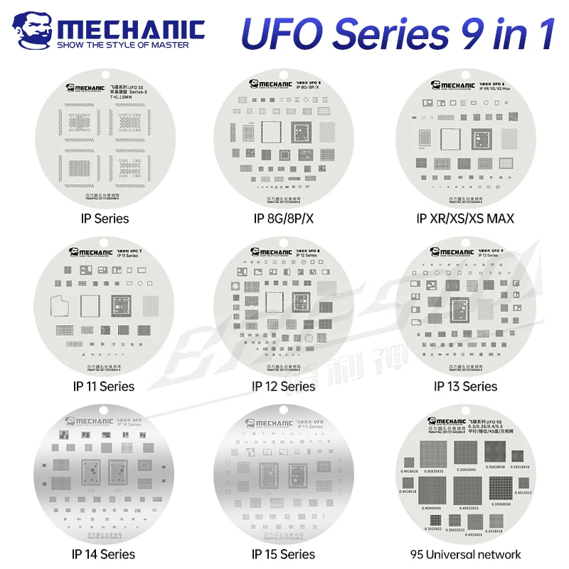 Mechanic 9 in 1 UFO Series High Temperature Resistance Quare Round Hole BGA Reballing Steel Stencil for iPhone 8-15 Series tool