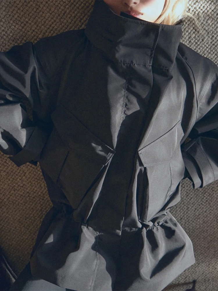 Stehkragen Langarm Oversize-Jacken für Damen Streetwear Große Taschen Kordelzug Taillenschnürung Schlanke Mäntel Frühling Damen-Oberbekleidung – Detail 13