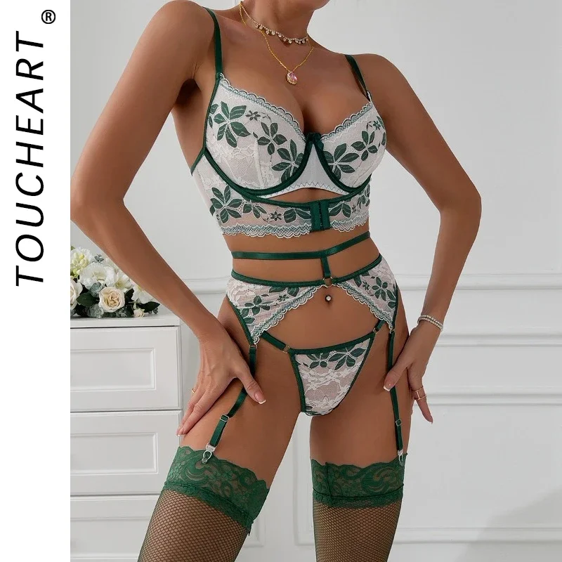 Toucheart Sexy Adult Sexy Set Contrasting Green Leaf Lace Underwear for Women Micro Perspective Sexy Bra Garter Stockings Set