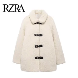 RZRA2024 new winter women's lapel button decoration mid-length fleece coat jacket commuting warm temperament elegant