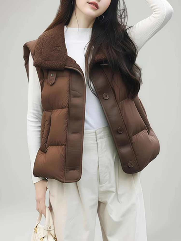 

Retro Patchwork Lamb Fur Collar down Cotton Vest Women's Autumn Winter Large Size Versatile Elegance oulder Bared ort Jaet