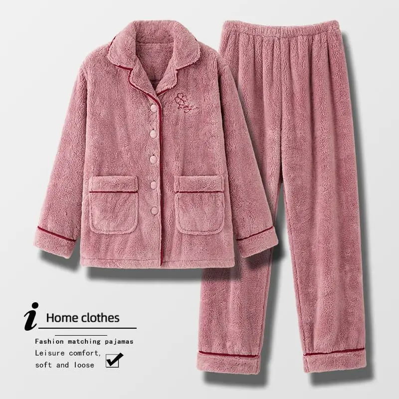 

New Women's Pajama Set Girl Winter Homewear Womens Pajamas Set Flannel Lapel Cardigan Long Sleeve Pants Loungewear Nightwear