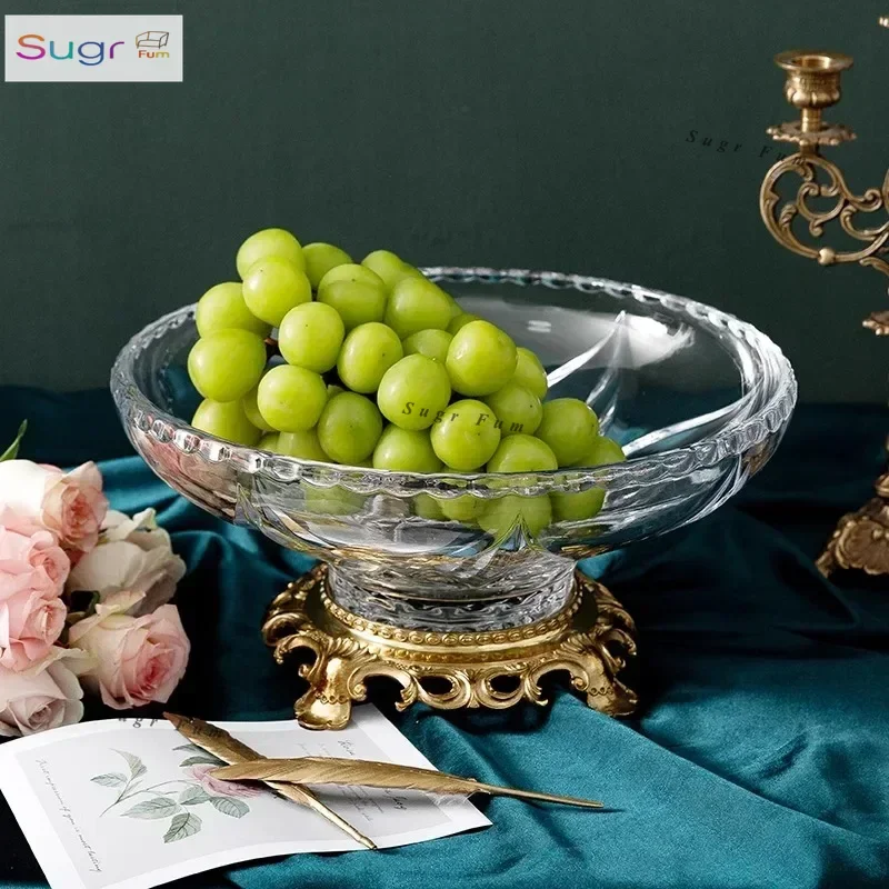 

Light luxury European crystal glass fruit plate home living room dining room villa brass decorative tray high-end ornament