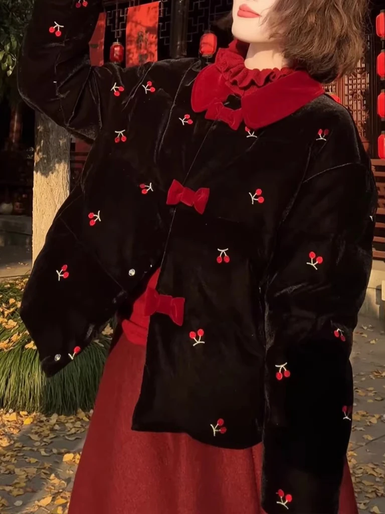 

ort Stitched Cherry Embroidery Doll Collar Long Sve Women's Cotton Jaet Winter New Sle Warm Slimming Outerwear