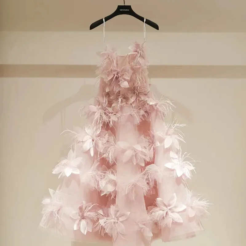 

L&P DQL Studio Prom Dress Tea Length Party Dress Handmade Flowers Party Dress